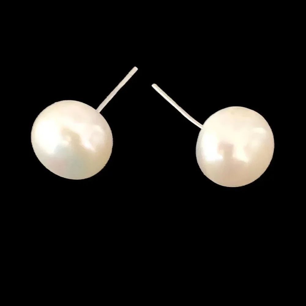 Large Freshwater Cultured Pearl Stud Earrings Silver Tone - 9-10mm